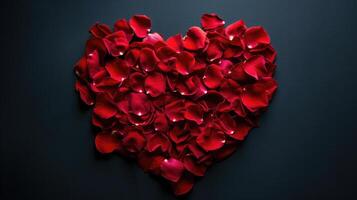 AI generated Heart crafted from red rose petals, elegantly contrasted with a black backdrop, Ai Generated photo