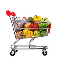 AI generated Grocery store shopping cart for e-commerce online shopping isolated on a white background, Ai Generated. photo