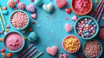 AI generated Colorful, assorted candies, yarn, heart-shaped sweets, sprinkles, striped straws, and confections on a vibrant blue backdrop, festive and playful photo