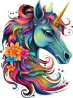 ai generato maglietta disegno, colorato unicorno testa png