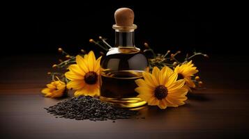 AI generated Realistic glass black cumin oil bottle with a screw cap, perfect for kitchen, beauty and culinary product branding photo