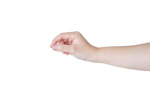 Woman hand gesture holding something isolated on white background photo