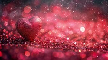 AI generated Sparkling red heart on a glittering background, embodying romance and love, perfect for Valentine's Day themes and decorations photo