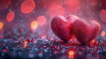AI generated Two red hearts with sparkling droplets, set against a dreamy bokeh backdrop, evoke deep romance and the spirit of Valentine's Day photo
