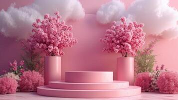 AI generated Surreal pink podium with blooming trees and cloud backdrop, perfect for romantic product showcases or dreamy Valentine's displays photo