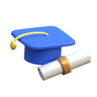 3D graduation of university, college for student concept. graduation hat and diploma cartoon style with clipboard check list. 3d education diploma for student study success render illustration. png