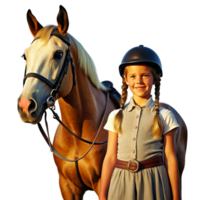 AI generated horseback riding with horse and girl standing next- png