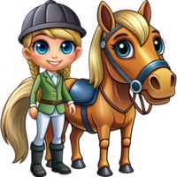 AI generated horseback riding with horse and girl standing next- png