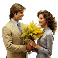 AI generated Couple in love with bouquet of mimosa flowers- png