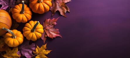 AI generated Vibrant autumn scene with pumpkins and leaves on purple background. Perfect for seasonal designs and fall themed projects photo