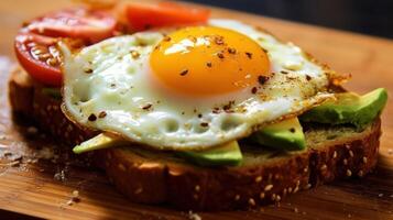 ai generado aguacate brindis en sésamo un pan con un soleado lado arriba huevo y rebanado tomate, sazonado con escamoso sal y pimienta, en un bambú corte tablero foto