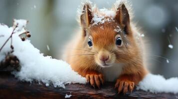 AI generated A curious red squirrel with fluffy tail peers keenly, nestled on a snowy branch, embodying winter serene charm photo