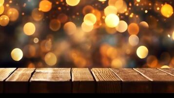 AI generated Rustic wooden planks set against a backdrop of radiant bokeh lights, perfect for a warm, festive holiday display photo