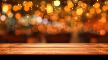 AI generated An empty wooden tabletop with a mesmerizing backdrop of golden bokeh lights, ideal for a festive display or holiday setting photo