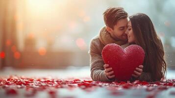 ai generado un amoroso Pareja participación un reluciente rojo corazón cerca, rodeado por un romántico bokeh ligero efecto, celebrando San Valentín día foto