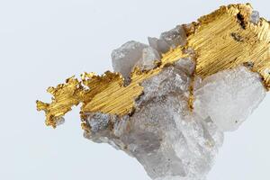 macro mineral stone metal gold in quartz on a white background photo