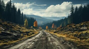 AI generated Autumnal dirt road meandering through a serene mountainous forest, flanked by golden trees under a tranquil cloudy sky. photo