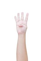 man hand gesture show number four sign isolated on white background photo