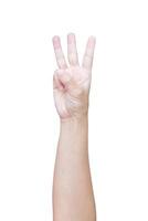 man hand gesture show number three sign isolated on white background photo