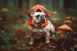 AI generated Cute bulldog pet walks in forest dressed in toadstool costume. Generate ai photo