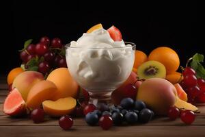 ai generado sano Fruta Leche postre en vaso cuenco con piezas de melocotón y fresa. generar ai foto