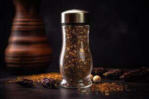 AI generated Various spicy spices in a glass jar on the table. Generate Ai photo