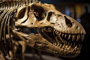 AI generated Dinosaur skeleton head fossil remains. Generate ai photo