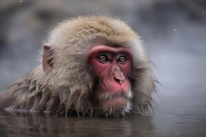 ai generado japonés mullido macaco en vaporizando agua. generar ai foto