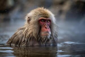 AI generated Japanese cute fluffy monkey in pond water. Generate ai photo