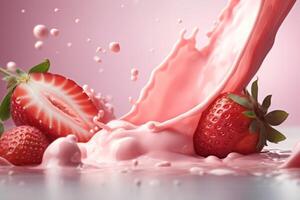 AI generated Fruit yogurt with strawberry slices for breakfast. Generate Ai photo