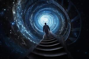 ai generado hombre caminando arriba espiral escalera espacio galaxia. generar ai foto