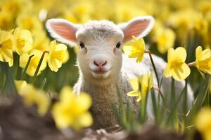 AI generated Small lamb in daffodil flowers. Generate ai photo