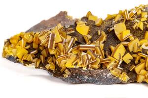 Macro mineral stone yellow Wulfenite on a white background photo