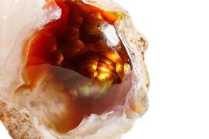 Macro mineral stone fiery Agate on a white background photo