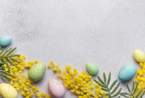 Pastel Easter Eggs and Yellow Mimosa Flowers on a Light Grey Background photo