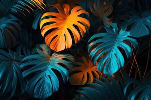 AI generated Dark tropical leaves luminous colorful colors photo