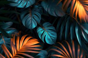 AI generated Dark tropical leaves luminous colorful colors photo