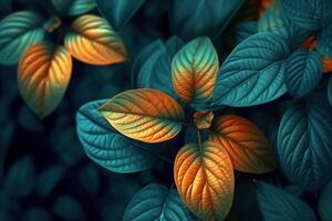 AI generated Dark tropical leaves luminous colorful colors photo