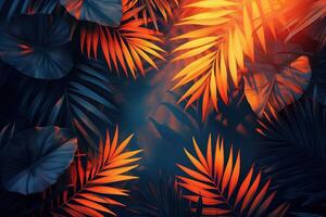 AI generated Dark tropical leaves luminous colorful colors photo