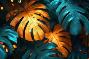 AI generated Dark tropical leaves luminous colorful colors photo