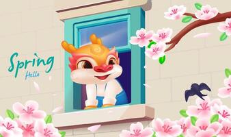 Vector Spring illustration Cute dragon enjoying pink flowers by the window