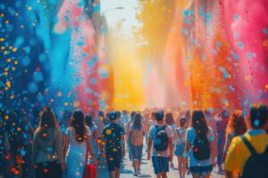 ai generado vistoso arco iris indio personas celebrar holi festival foto