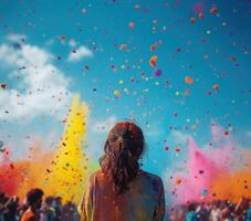 ai generado vistoso arco iris indio personas celebrar holi festival foto