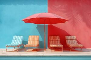 AI generated Beach deck chairs and umbrella set on light background photo