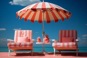 AI generated Beach deck chairs and umbrella set on light background photo