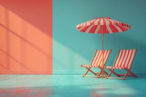 AI generated Beach deck chairs and umbrella set on light background photo