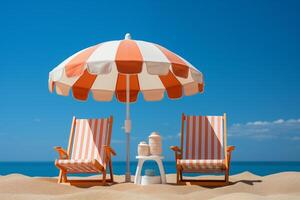 AI generated Beach deck chairs and umbrella set on light background photo