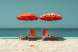 AI generated Beach deck chairs and umbrella set on light background photo