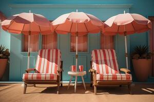AI generated Beach deck chairs and umbrella set on light background photo