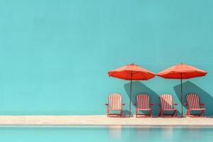 AI generated Beach deck chairs and umbrella set on light background photo